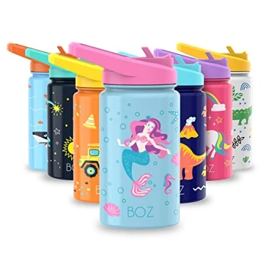 Image of BOZ Kids Insulated Water Bottle with Straw Lid, Stainless Steel Vacuum Double Wall Cup, 14 oz (414ml). Scratch Resistant Cute Print and Carry Handle, BPA Free Dishwasher Safe (Mermaid)