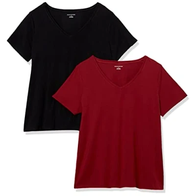 Image of Amazon Essentials Women&#039;s Plus Size Short Sleeve V Neck T Shirt, Pack of 2, Black/Burgundy, 5XL