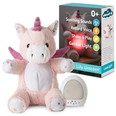 Image of CLOUD B Sound Machine with White Noise Soothing Sounds Cuddly Stuffed Animal &amp; Nomadic Nightlight Record Parent Voice Adjustable Settings Auto Shutoff LoveLight™ Buddies Lily The Unicorn™