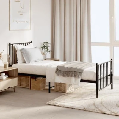 Image of vidaXL Black Metal Bed Frame with Headboard and Footboard, 75x190 cm 2FT6 Small Single, Offers Under Storage Space Robust Steel Construction for Bedroom