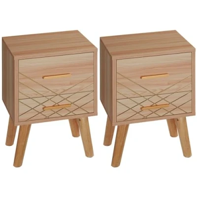 Image of HOMCOM Bedside Table, Cabinet with 2 Drawers, Nordic Side Table Wood Legs, Nightstand for Bedroom, Set of 2, Natural
