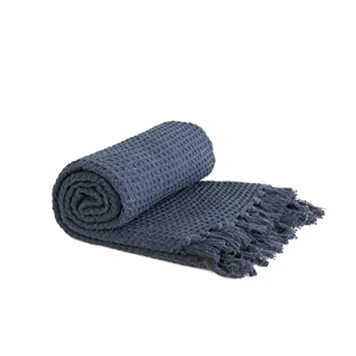 Image of Emma Barclay Honeycomb Recycled Cotton Plain Waffle Textured Chair Sofa Setee Throw Over Blanket in Navy Blue 50x60 (127x152cm)