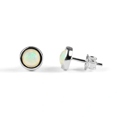 Image of Ehiopian Opal and Sterling Silver Simple Minimal Round Stud Earrings, White Natural Gemstone Earrings