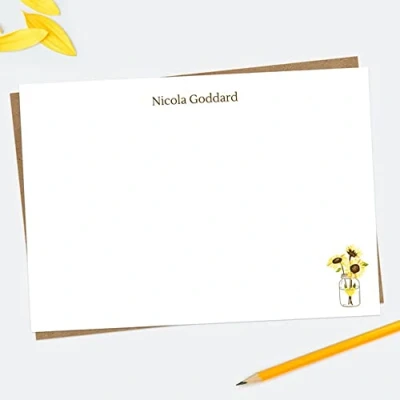 Image of Personalised A6 Note Card Sunflowers Jar Pack of 10. Correspondence Cards, PenPal, Family, Friends, Thank You, Rustic, Whimsical. Envelopes Included.