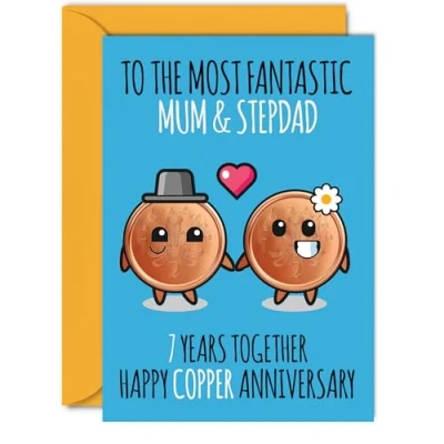 Image of Cute Copper Anniversary Card for Mum &amp; Step Dad 7 Years Together Happy 7th Wedding Cards Mum, A5 Greeting Seventh Anniversaries