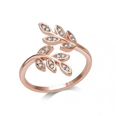 Image of Philip Jones Rose Gold Plated Adjustable Leaf Ring Created with Zircondia® Crystals