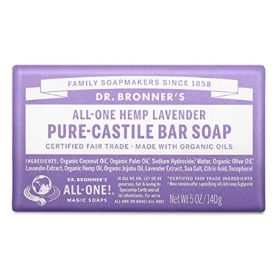 Image of Dr Bronner&#039;s Lavender Pure Castile Bar Soap, Made With Organic Oils No Synthetic Fragrances Preservatives or Thickeners, For Face, Body &amp; Hair, Fair Trade Certified Vegan Friendly, 140g