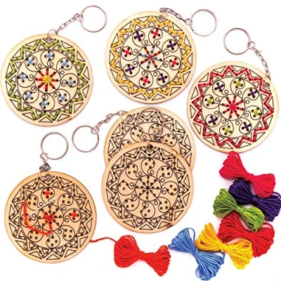 Image of Baker Ross AW984 Rangoli Wooden Cross Stitch Keyring Kits (Pack of 5) Arts and Crafts for Kids, Assorted, Small