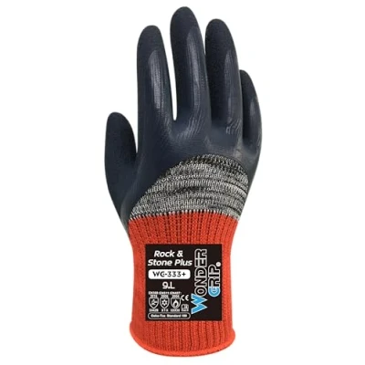 Image of Wondergrip Rock &amp; Stone Plus WG 333+ Safety Gloves Double Latex Coating Non Slip Grip Heat, Cold, Cut Level B Protection Heavy Duty Ergonomic Fit Black/Red XX Large