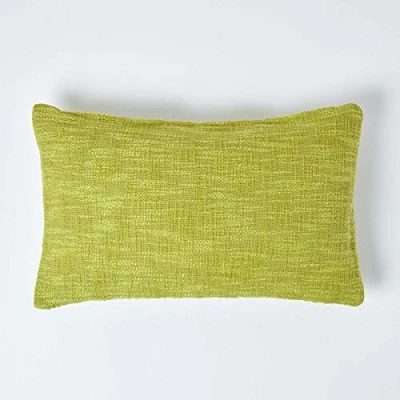 Image of HOMESCAPES Lime Green 12 x 20 Inch Nirvana Pure Slub Cotton Cushion Cover Coordinating with Matching Throws and Bedspreads