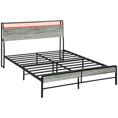 Image of HOMCOM 5ft King Size Bed Frame with LED Lights and Charging Station, Platform Storage Headboard, Steel Slat Support, No Box Spring Needed, Easy Assembly, Cement Grey
