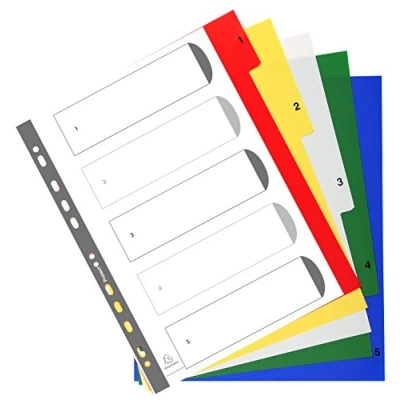 Image of Exacompta Ref 85E PP Printed Indices For Use With A4+ Documents, 0.1mm Polypropylene, Pre Punched, Soft &amp; Tear Resistant 5 Divider Parts (1 5) White Coloured Tabs