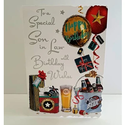 Image of Jonny Javelin Special Son In Law Birthday Wishes Card Balloons Presents Ice Bucket Beer