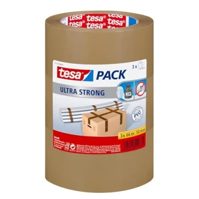 Image of tesa 51124 00008 01 Packing Tape Ultra Strong PVC Packaging for Heavy Parcels and Boxes, Brown, 66 m x 50 mm, Pack of 3