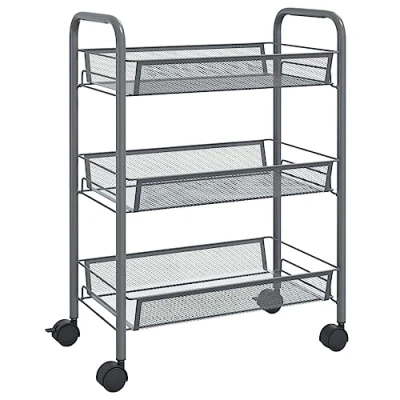 Image of vidaXL 3 Tier Kitchen Trolley in Grey Durable Iron Construction with Removable Mesh Baskets for Office, Kitchen, and Bathroom Storage
