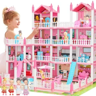 Image of Pink Doll Houses for Girls, Playhouse 4 Story 15 Rooms with Dolls &amp; Furniture Accessories Flashing Lights, Princess House Toy Toddler Birthday Gift 3 5 6 7 8 Year Old