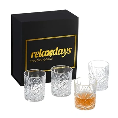 Image of Relaxdays Whisky Glasses in Set of 4, Gift Box, Abstract Pattern, Bar Accessories Rum, HxD: 10x8 cm, Transparent, 10x8x8cm