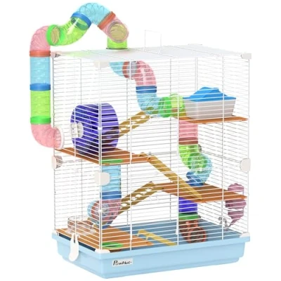 Image of Pawhut 5 Tier Hamster Cage, Gerbil Cage with Tube Exercise Wheels, Tunnel, Water Bottle, Dishes, Green, 58H x 46L 30Wcm, Light Blue
