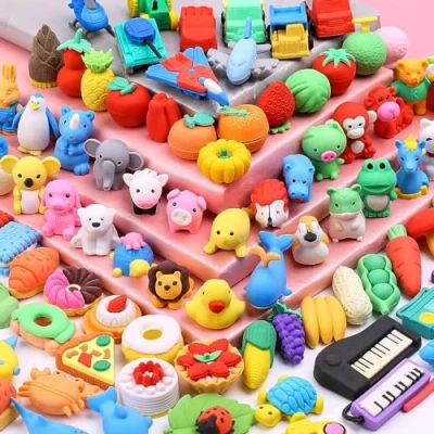 Image of 100 Pcs Animal Erasers 3D Cartoon Pencil for Kids Mini Puzzle Rubber Cute Vegetable Fruit Food School, Party Favors, Games Prizes, Homework Rewards