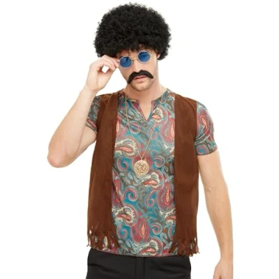 Image of Smiffys Hippie Instant Kit, Multi Coloured with Wig, Glasses, Tash and Necklace, 1970&#039;s Disco Fancy Dress, Adult Dress Up Accessories