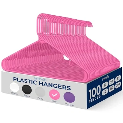 Image of SereneLife Plastic Hangers 100 pcs, Non Slip Heavy Duty Clothes Hanger Set with 360 Swivel Hook, Smooth Finish to Protect Fabric, Lightweight, Ultra Thin for Coats and Other (Pink)