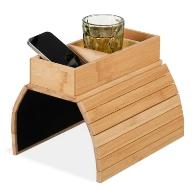 Image of Relaxdays Serving Tray, Armrest, Bamboo, 3 Storage Compartments, for Couch and Sofa, HxWxD: 6.5 x 42 28 cm, Natural
