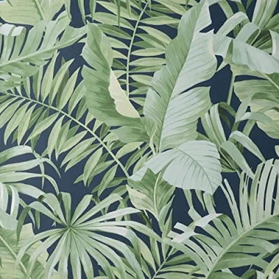 Image of Full Roll Navy Green Maui Leaf Wallpaper Tropical Jungle Palm Modern Natural