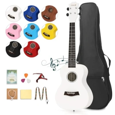 Image of Dripex 23 Inch Concert Ukulele, Small Guitar Ukelele, Professonial Wood Ukulele Starter with Beginners Kit, Quality Musical String Instrument for Adults or Kids (White)