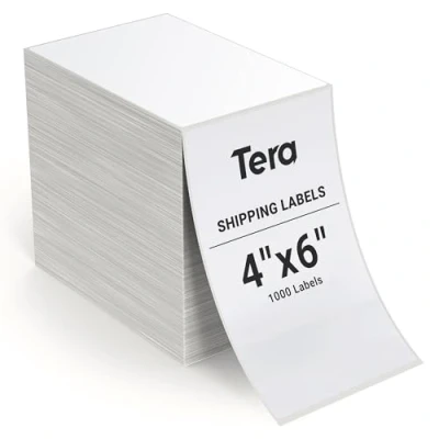 Image of Tera BA0003 4&quot;x6&quot; Thermal Shipping Labels (Fanfold 1000 Labels/Stack) BPA Free Smudge Printing Fanfold Compatible for Various Printers, Permanent Adhesive Address