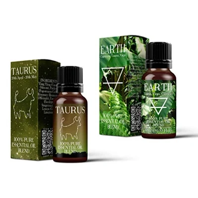 Image of Mystix London Earth Element &amp; Taurus Zodiac Sign Astrology Essential Oil Blend Twin Pack (2x10ml) for Diffusers, Aromatherapy Massage Blends Perfect as a Gift Vegan, GMO Free