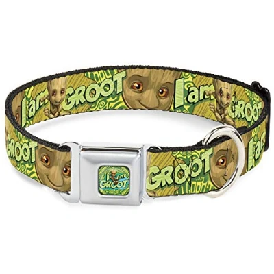 Image of Dog Collar Seatbelt Buckle Baby Groot Pose Face I Am Browns Greens Yellows 18 to 32 Inches 1.5 Inch Wide