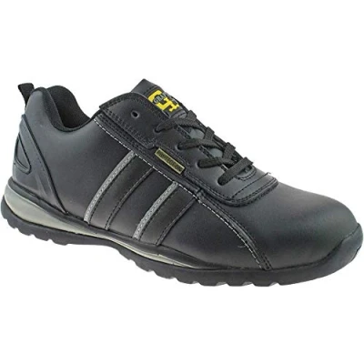 Image of Grafters Unisex &#039;090&#039; Multi Colours Lace Up Safety Toe Cap Trainer Shoes Black/Grey Action Coated Leather, Ladies UK 8 / EU 41