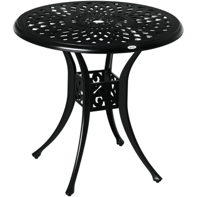 Image of Outsunny 78cm Round Garden Dining Table Bistro Set with Parasol Hole Antique Cast Aluminium Outdoor Table, Black