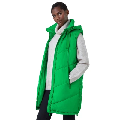 Image of Roman Originals Quilted Gilet with Hood for Women UK Ladies Sleeveless Coat Hooded Jacket Padded Bodywarmer Winter Lightweight Warm Autumn Funnel Neck Longline Soft Bubbly Green Size 10