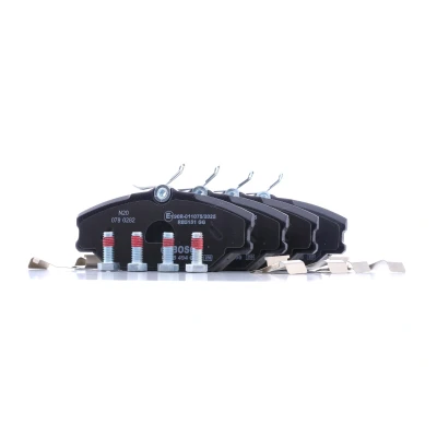 Image of 8255D114, E190R0110752025 Brake pad set BOSCH 0 986 494 656 Low Metallic with anti squeak plate spring RENAULT: CLIO 2, LAGUNA 1