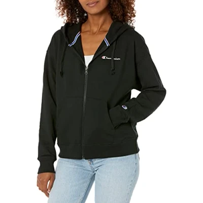 Image of Champion Women&#039;s Full Zip Powerblend Fleece Hoodie Sweatshirt (Plus Hooded, Black Small Font, S