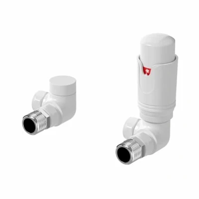 Image of DuraTherm® Thermostatic Radiator Valve Pack Set, 15mm Lockshield TRV &amp; Thermostat, White Valves for Radiators, Corner