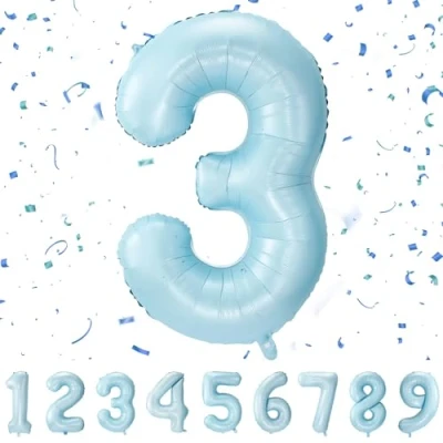 Image of Number Balloons 3,Pastel Blue 3 for Birhtday Party Decoration,40 Inch Giant Helium Foil Boys Girls 3th Birthday Decor Anniversary Decorations Supplies