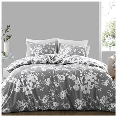 Image of GC GAVENO CAVAILIA Easycare Botanical Leaf Single Duvet Cover Set With Pillow Case, Luxury Floral Bedding Sets, Reversible Flower Quilt Cover, Grey