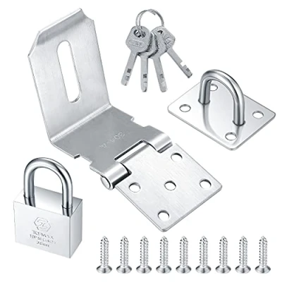 Image of 4 Inch 90 Degree Heavy Padlock Hasp, Right Angle Door Clasp Lock, Stainless Steel Gate Latch Staple for Windows, Cabinets, Closets, Sheds, Doors, with a Lock (Silvery)