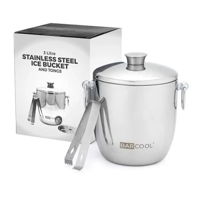 Image of Barcool 3L Double Walled Stainless Steel Ice Bucket with Lid &amp; Tongs Vacuum Insulated, Perfect for Champagne, Cocktails, Parties, Indoor Outdoor Bar Use