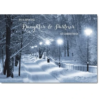 Image of doodlecards Daughter and Partner Christmas Card Snowy Street Scene Medium Size for &amp; with Plain Envelope