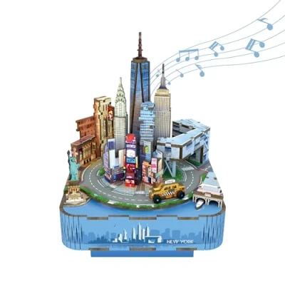 Image of Tonecheer Music Box Wooden 3D Puzzle, New York DIY Model Kit for Adults, Rotating Box, Puzzle Home Decoration Gifts Birthday Christmas