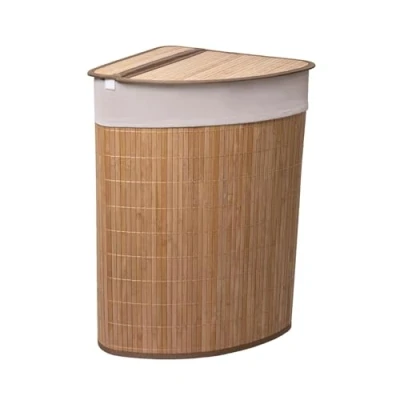 Image of MantraRaj 58L Bamboo Laundry Basket Triangle Foldable Storage Hamper With Removable Cover Lid Washing Clothes Bin Handle For Bedroom, Bathroom, (Brown)