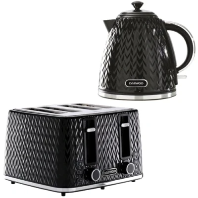 Image of Daewoo Argyle Jug Kettle &amp; 4 Slice Toaster Set, 1.7L 3KW Rapid Boil Stylish Textured Design, Removable Filter, Reheat Defrost Functions, Perfect for Modern Kitchens, Black