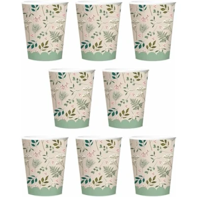 Image of Quickdraw 16 x Christmas Paper Cups Traditional Holly Design Recyclable Disposable Tableware Party Supplies