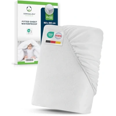 Image of Sensalou Waterproof Fitted Sheet 50x90 cm 2 Pack Soft Baby Mattress Protector for Crib or Changing Table Washable Up to 95C, Breathable, Anti Allergic, Quiet &amp; Secure Fit Toddlers and Babies