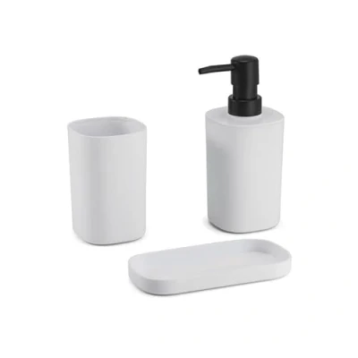 Image of MSV Bathroom Accessories 3 Piece Dispenser, Soap Dish, Toothbrush Tumbler Lona White Matt, Polypropylene, 1