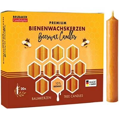 Image of BRUBAKER 20 Pack Of Tree Candles 10% Beeswax Christmas Pyramid Honey Yellow