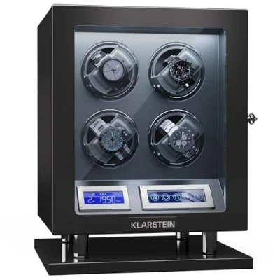 Image of Klarstein Automatic Watch Winder for 4 Watches, Luxury Storage Box, Acrylic Window Display Case, Auto Uk Men &amp; Women, Blue LED, 5 TPD Settings, Spring Tension Motor
